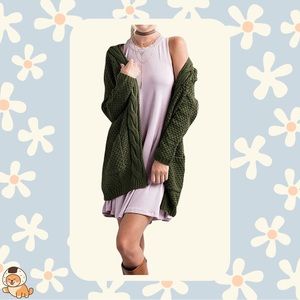 Grecerelle Forest Olive Dark Green Cable Knit Open Cardigan, Sz S